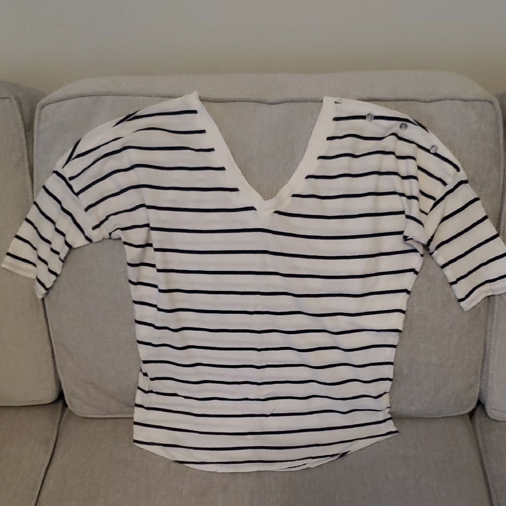 White And Navy Horizontal Stripes Top